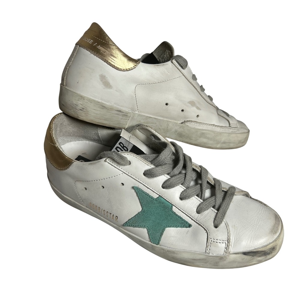 Golden Goose Super-Star Sneakers Women 37 White Teal Gold Distressed Leather